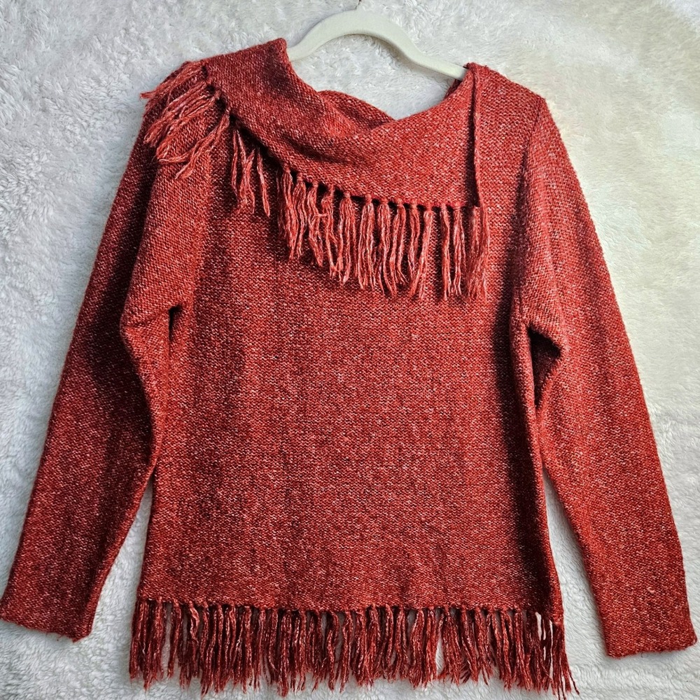 Modern Soul Sz M Textured Maroon Fringe Sweater Boho Chic Cozy‎ Soft #539